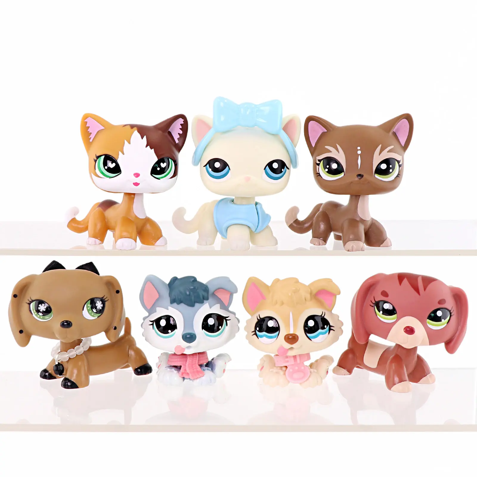 7 Pcs Mixed Cartoon Animal Figurines Set, Big Eye Mini Pet Collectible Figures with Dress-Up Accessories, Cat Husky Dachshund Toys for Pretend Play, Desktop Decor & Hobby Collector Gift