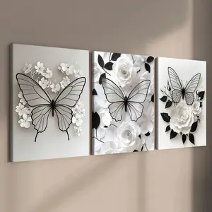 3-count wooden frame canvas, minimalist Butterfly Print and flower decorative poster, romantic theme decoration, modern family poster, fashionable living room decoration, suitable for corridor, bedroom walls, waterproof art
