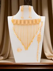 Arabic Rose Print Five-Piece Jewelry Set, Champagne Color, V-Shaped Tassel, Exquisite Craftsmanship, Versatile Accessory for Weddings, Banquets and Ramadan, Kundan Jewellery Set