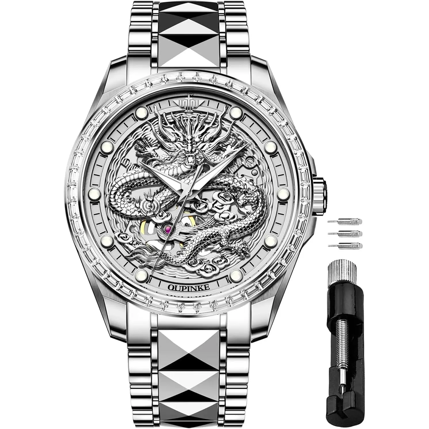 OUPINKE Dragon Skeleton Men's Wrist Watches Luxury Dress Automatic Self Winding Mechanical Sapphire Crystal Diamond Waterproof Luminous Tungsten Steel Band Watches for Men Gift