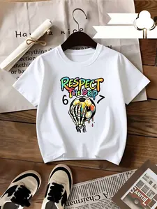 Street Graffiti Style "Respect The Drip" Skeleton Hand Soccer Print Boys' Black Tee, Trendy Summer 67 Pattern Versatile T-Shirt!#Boys Summer Tees #Soccer Kids Clothing #Street Graffiti Tee #Versatile 67 Print Tee