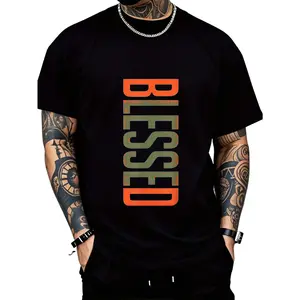 Menswear Men's BLESSED 3D Print Round Neck Short-Sleeve T-shirt - Bold Geometric Lettering, Breathable Fit, Medium Stretch Fabric, Machine Washable, Large Size, Stylish Streetwear Casual Top