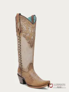 CORRAL TALL BOOT LD HONEY/BONE OVERLAY & EMBROIDERY &STUDS POINT TOE -C4218