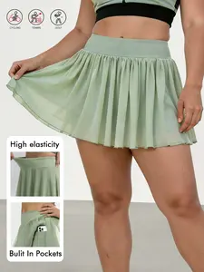 Plus Size Summer Elegant Casual Sports Skirt Pants, High Waist Mesh Ruffle Design, Practical Pockets, Ideal for Tennis and Daily Wear, Golf Skirts