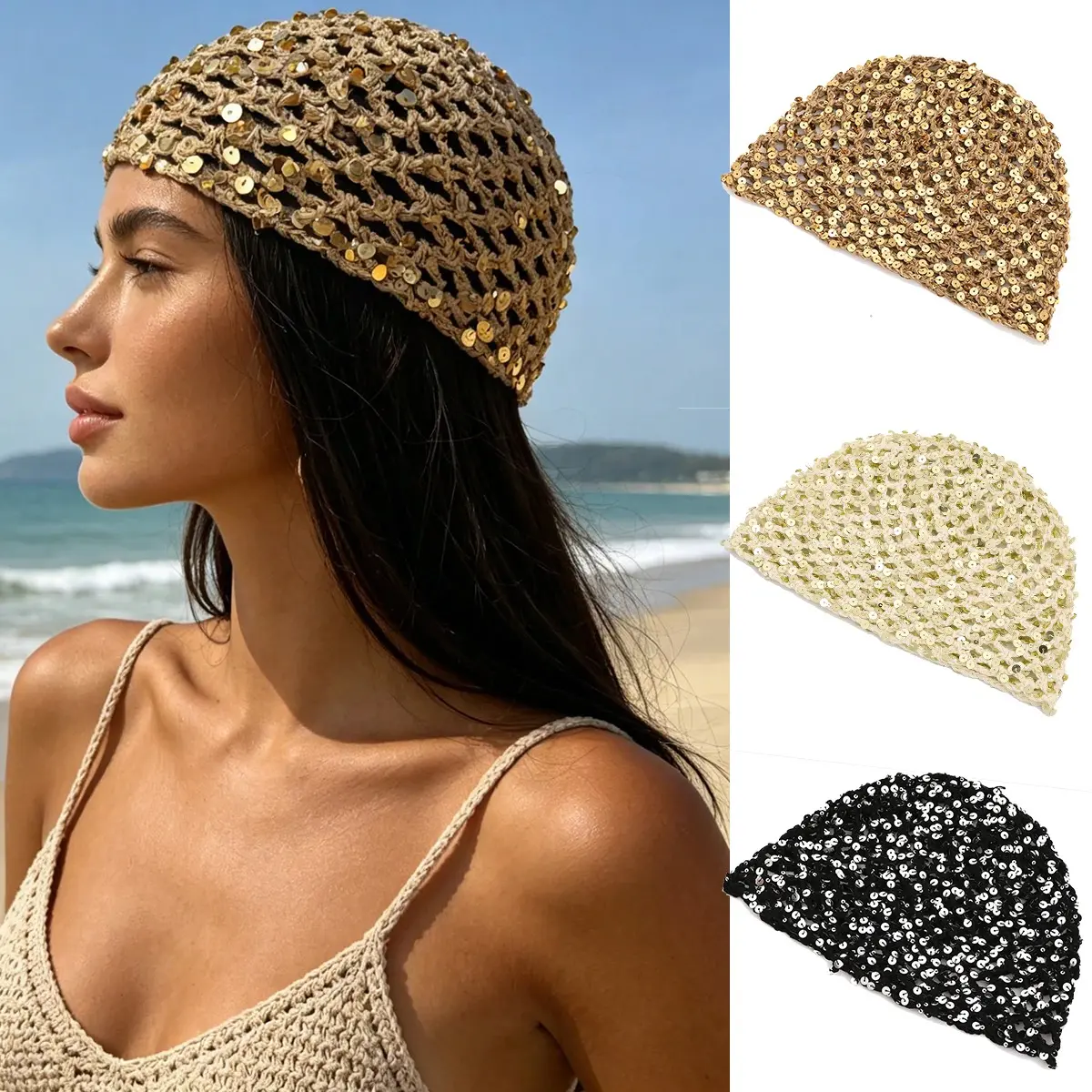AWAYTR Women's Summer Sequined Knitted Beanie Hat Y2K Hollow Out Breathable Crochet Hat for Beach Vacation