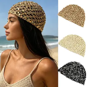 AWAYTR Women's Summer Sequined Knitted Beanie Hat Y2K Hollow Out Breathable Crochet Hat for Beach Vacation