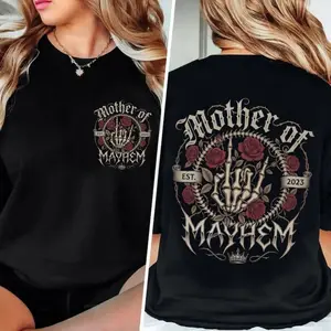 180g[100%cotton]Goth Mom Shirt, Mother of Mayhem Graphic Tee, Tattoo Style Mom Top, Dark Aesthetic Gift for Mom