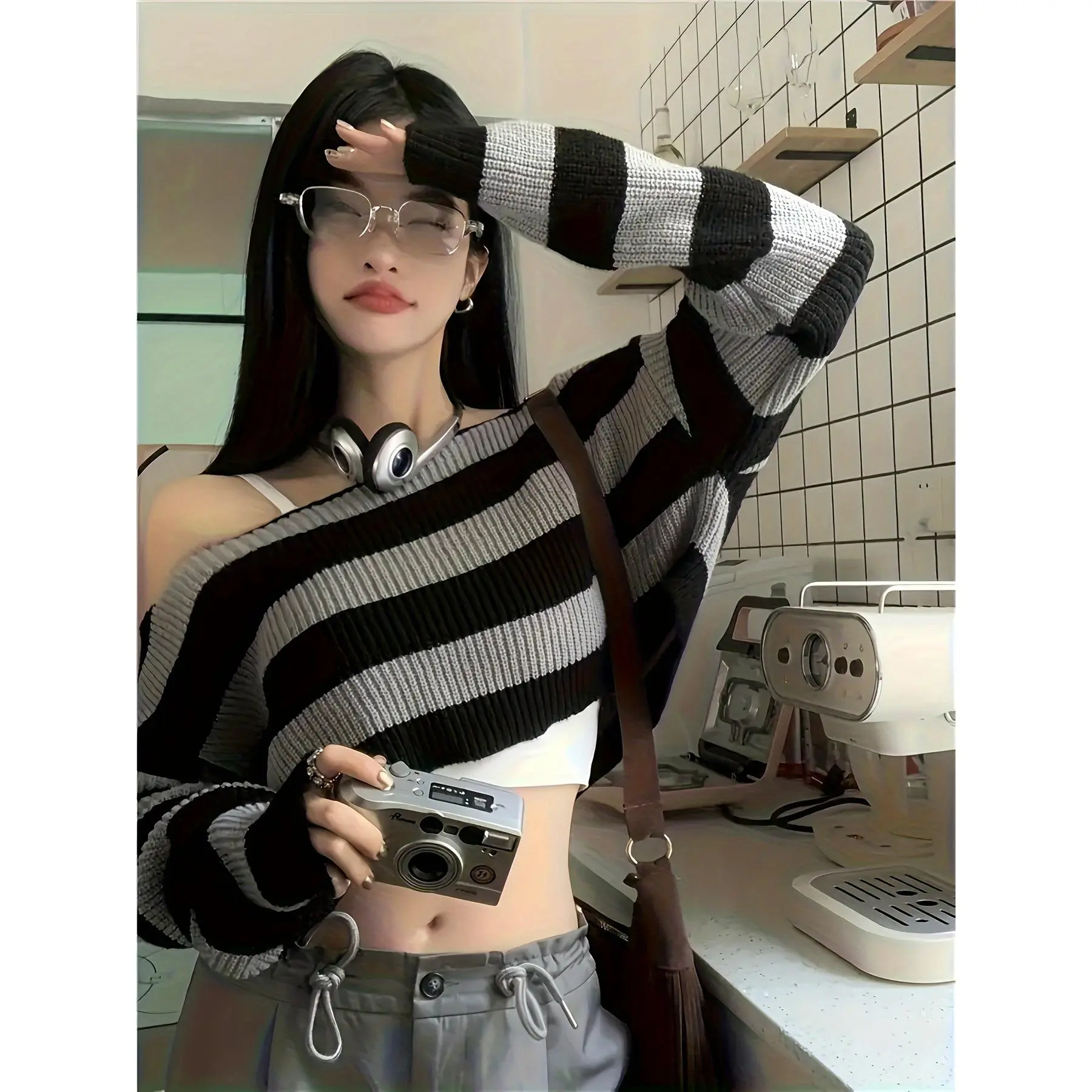 Y2K Inspired Short Length Color Block Crew Neck Jersey Sweater - Soft Micro Elasticity, Perfect for Spring & Fall, Womens Young Style Clothing