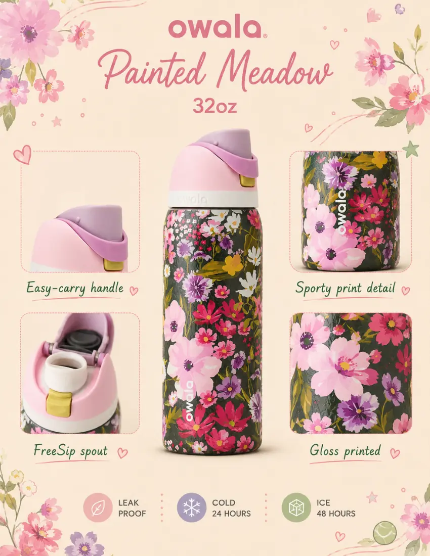 Owala UO Painted Meadow 32oz FreeSip Bottle – Wildflower Garden Insulated Stainless Steel Leakproof Water Bottle for Everyday Hydration