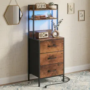 41 Inch Tall Nightstand with 3 Drawers & Charging Station, LED Bedside Table with USB Port & Socket, PU Fabric Storage Drawers, Multi-Functional Side Table & Bookshelf for Bedroom Office, Black White Rustic Brown