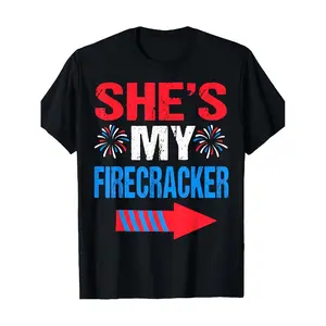 [100% Cotton] 100% Cotton His Hers 4Th of July Matching Couples T Shirts She's My Firecracker His Patriotic Fireworks Design Red White Blue Flag Tees Short Sleeve Round Neck Casual Independence Day Outfits Plus S Stylish Printed Men's Short-sleeved T-shi