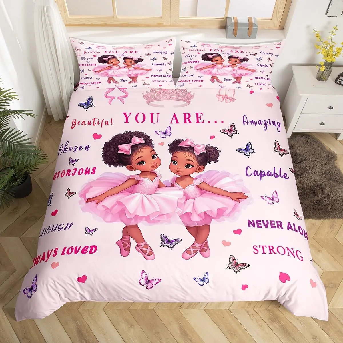 Feelyou Microfibre Duvet Cover Set - Black-Pink American Ballet Dancer Design, Cute Ballerina Print, Zippered Closure, Durable, Breathable, Machine Washable, Multi-Size (Toddler Size, Queen, No Comforter Included)