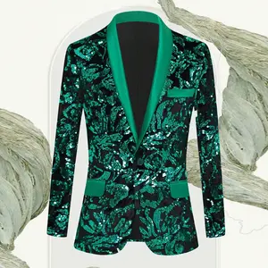 Mens Sequin Blazer Tuxedo Party Prom Wedding Tuxedo One Button Jacket-Green