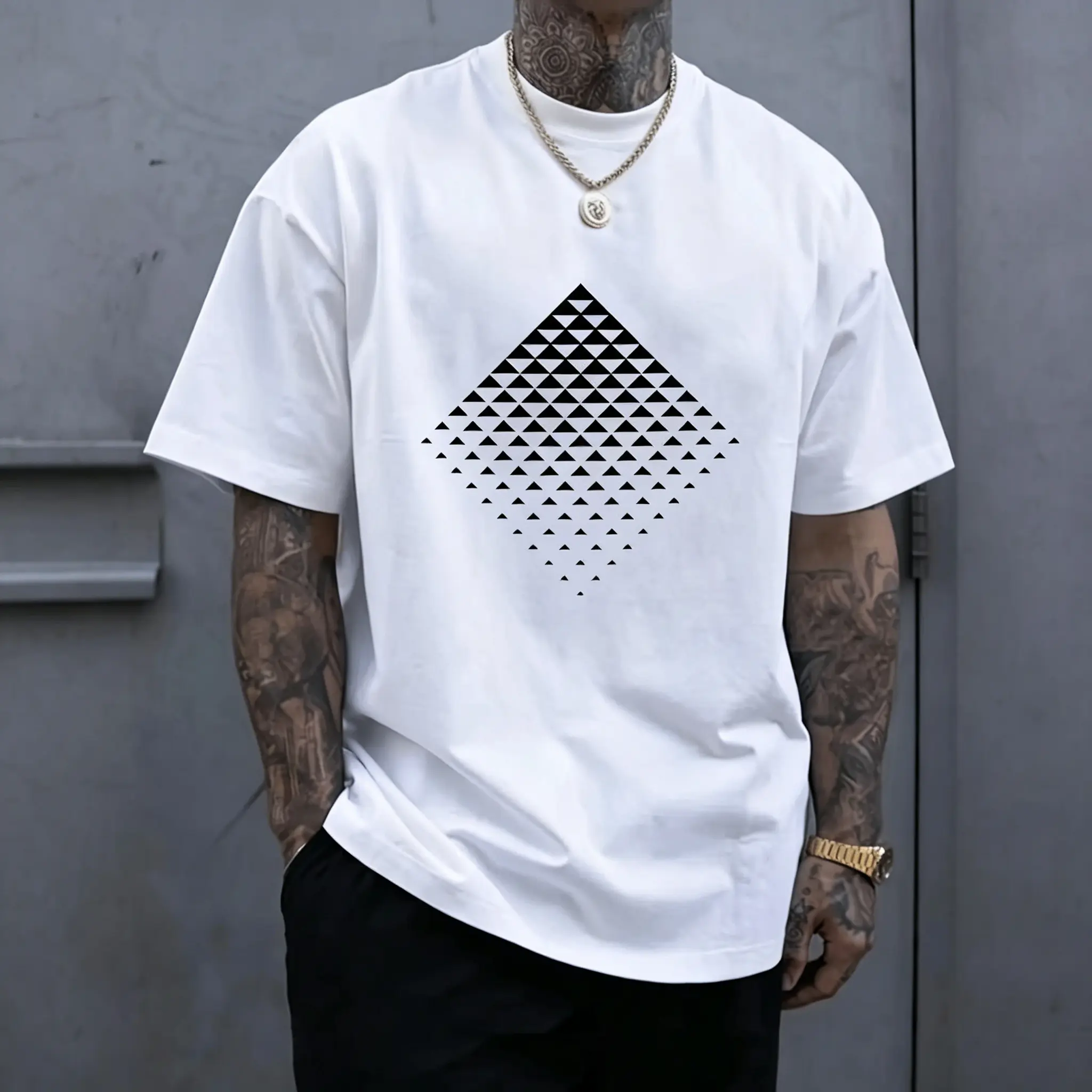 Men's Graphic T-Shirt with Geometric Print, Vintage Streetwear Style in 100% Breathable Cotton, Casual All-Season Short-Sleeve Crewneck