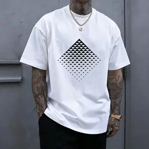 Men's 100% Cotton Geometric Print T-Shirt - Stylish Round Neck Short-Sleeve Menswear Top, Casual Streetwear Graphic Tee (White), Tshirt