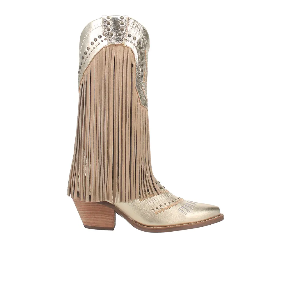 Dingo Womens Gypsy Studded Fringe Metallic Snip Toe Pull On Casual Boots Mid Calf Mid Heel 2-3" - Gold Dingo Womens Gypsy Studded Fringe Metallic Snip Toe Pull On Casual Boots Mid Calf Mid Heel 2-3" - Gold
