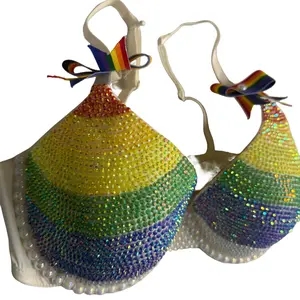 Rhinestone Custom Costume Bra Handmade Detail in Rainbow Pride Available in All Sizes Bra