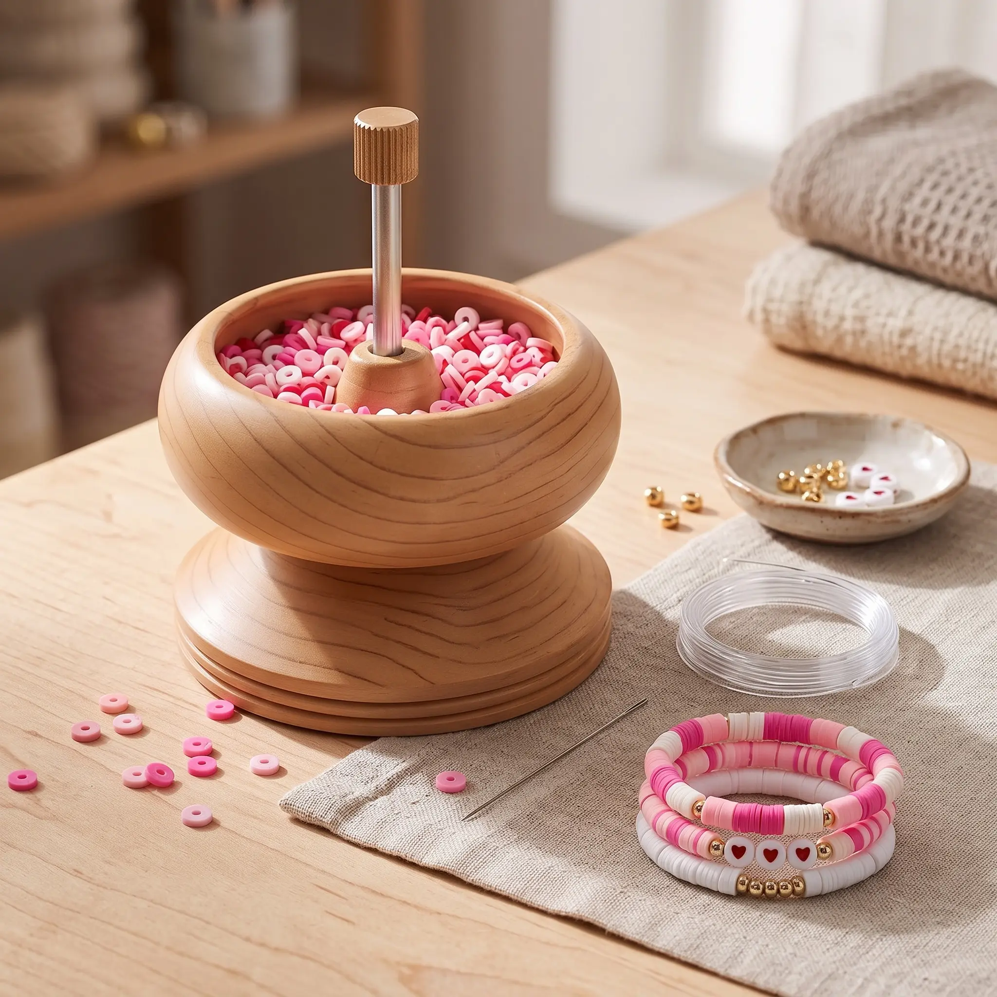 Wooden Bead Spinner Bowl Kit for Jewelry Making, Clay Seed Bead Spinner with Big Eye Needle & 3m Wire, Rotating Beading Bowl for Bracelets, Necklaces, Waist Beads & DIY Crafts