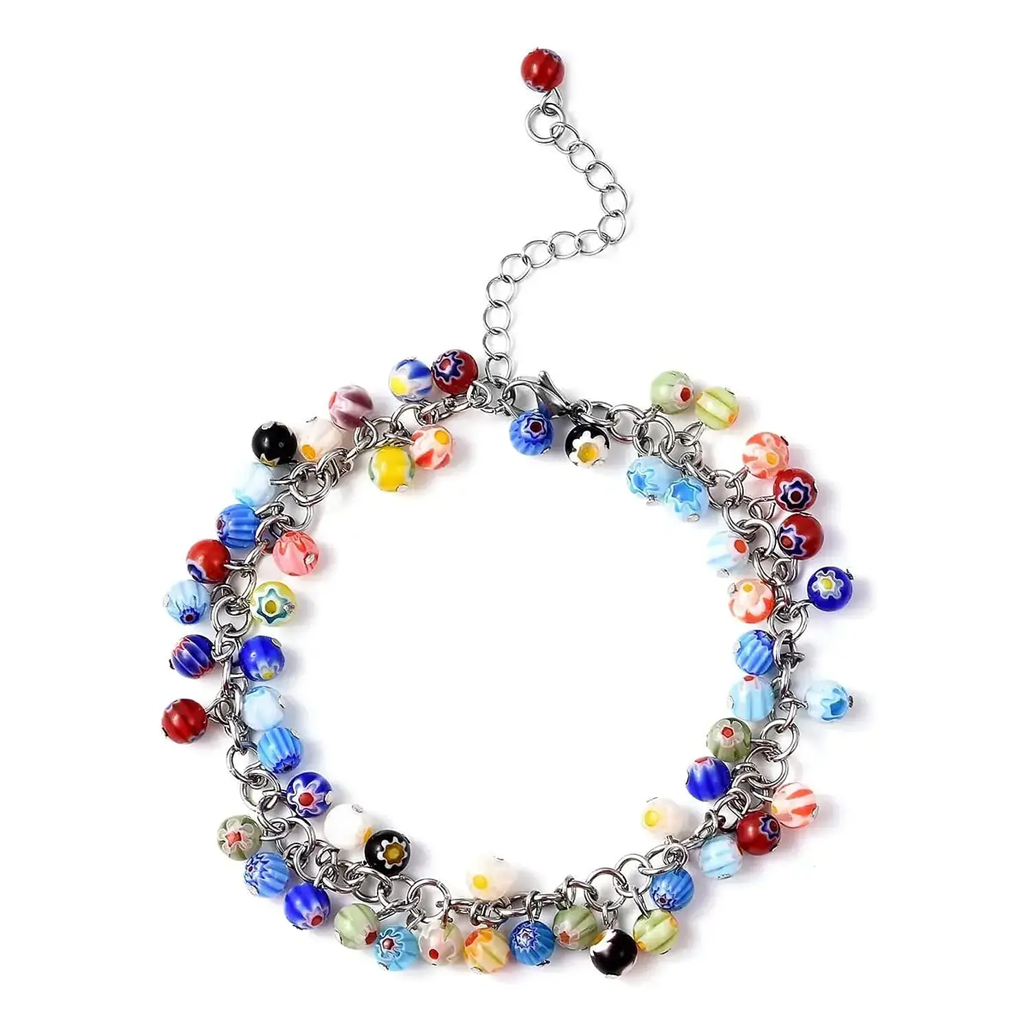 Multicolor Murano Style Charm Beaded Anklet (9-11 Inches) in Stainless Steel