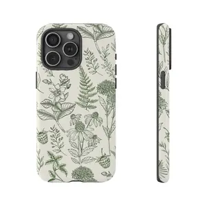 Wildflower Sage Green Drawing Phone Case iPhone 16 15 14 13 12 11 8 7 SE Pro Max Tough Case Dual Layer Protection & Scratch-Resistant Finish Compatible with Samsung Galaxy S25