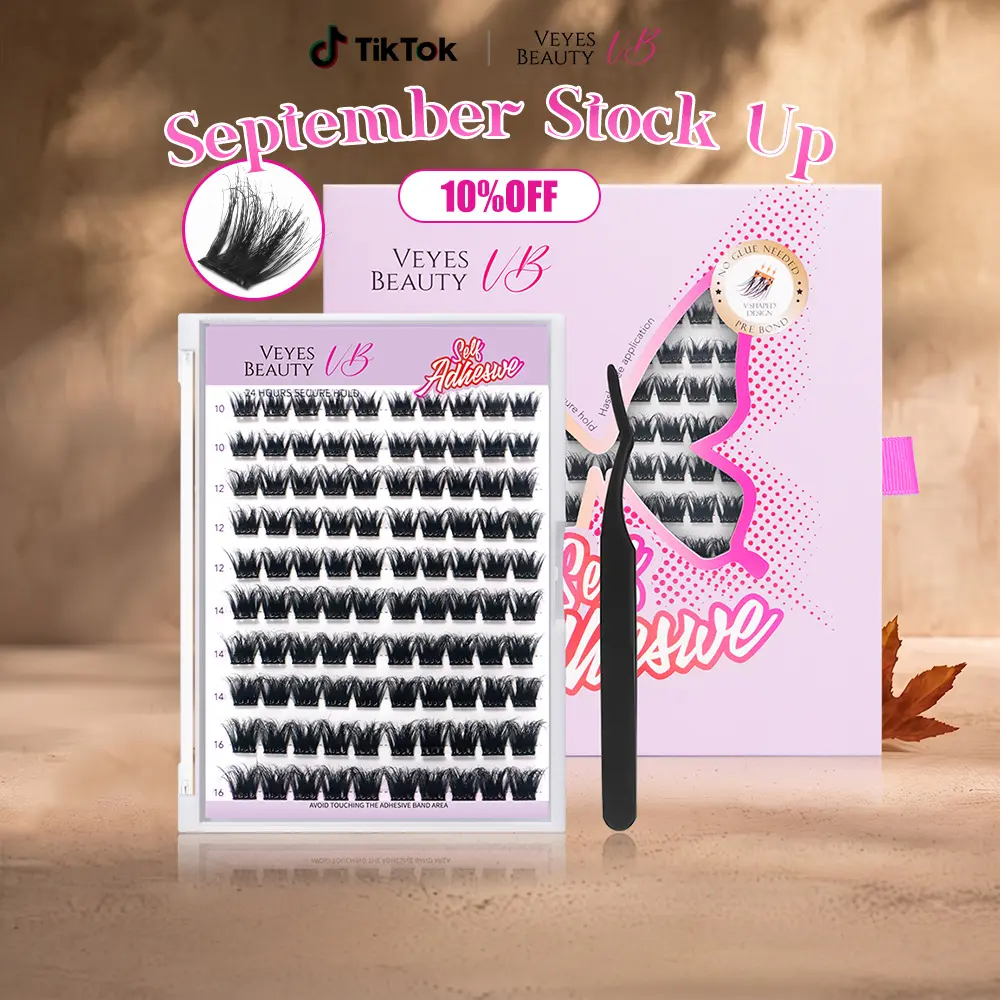 VEYESBEAUTY Glueless Lash Clusters Kit - Self-Adhesive Eyelash Clusters with Invisible Band, Transparent Adhesive, 3 Exclusive V&W&E-Shaped Designs, Dramatic Lashes, Easy Application for Makeup Enhancement