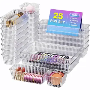 25 Pack Clear Plastic Drawer Organizer Set 4 Sizes Storage Trays for Makeup, Jewelry, Desk, Office, Kitchen, Bathroom & Bedroom, Stackable Drawer Dividers and Organizer Bins for Cosmetics, Gadgets & Accessories