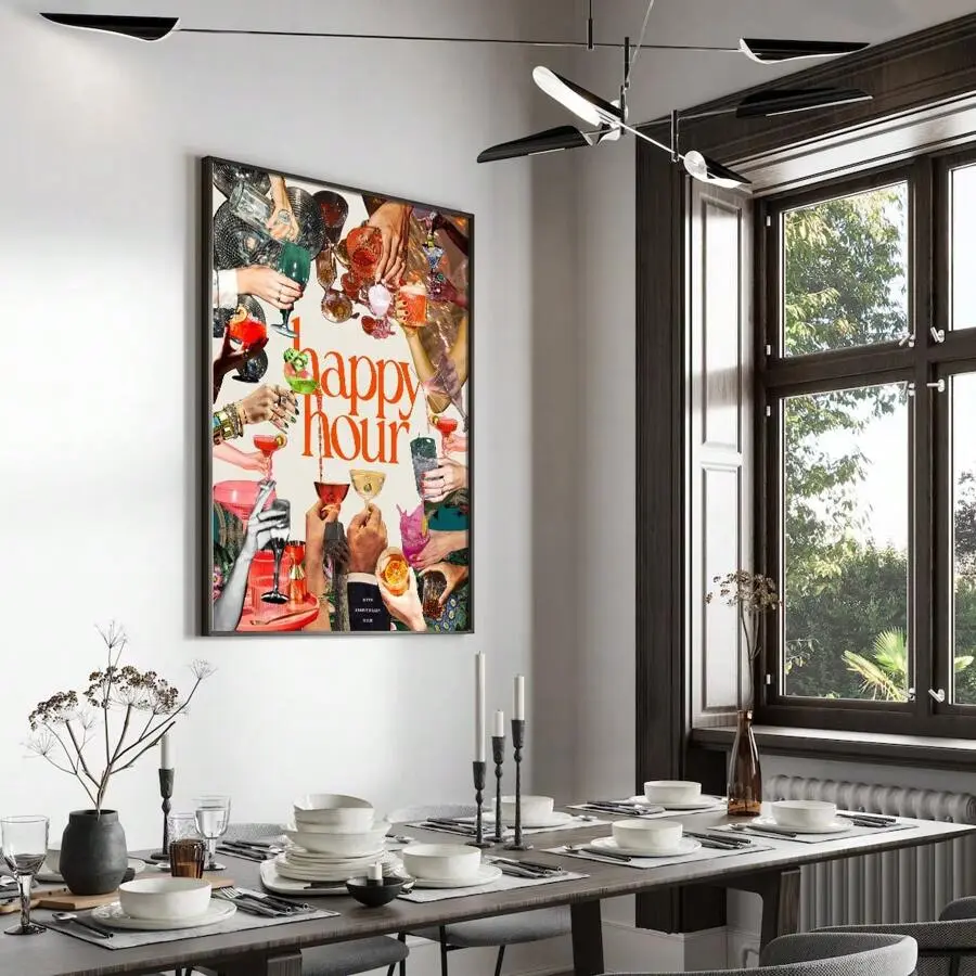 1pc Unframed   Cin Cocktail Happy Hour Kitchen Wall Art Poster Canvas Print Maximalist Disco Ball Bar Cart Art Retro Party Painting For Dorm,Apartment,Living Room,Bedroom,Modern Home Decoration