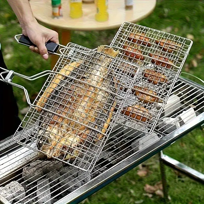 Lockable Foldable Stainless Steel Portable BBQ Grill - Heat Resistant, Rust-Resistant, Durable Camp Kitchen Gear with Easy-Clean Grids, Backyard Gear for BBQ Lovers, Dad Gift, Mobile Grilling Station for Chicken, Steak, Seafood, Vegetables