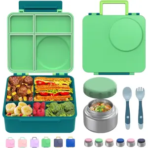 Bento Box for  - Leak-Proof Bento Lunch Box with Insulated Thermos  Jar - 4 Compartments, 1 Removable Divider, 1Spoon, 1 Fork - Dishwasher Safe,  (Green)