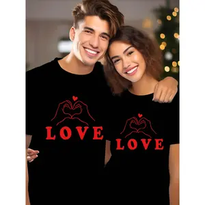 100% Matching Couple T-Shirts - Valentine's Day Heart Print, Casual & Comfortable Round Neck Short Sleeve Tees for Men and Women, Blue with "LOVE" Design, Perfect Gift for Him or Her, Cute T Shirts