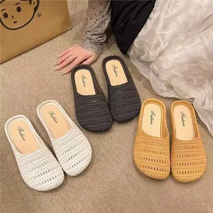 Women's Hollow-Out PVC Closed-Toe Mules, Breathable Knit Mesh Summer Slides, Casual Non-Slip Flat Roman Style Sandals for Indoor & Outdoor