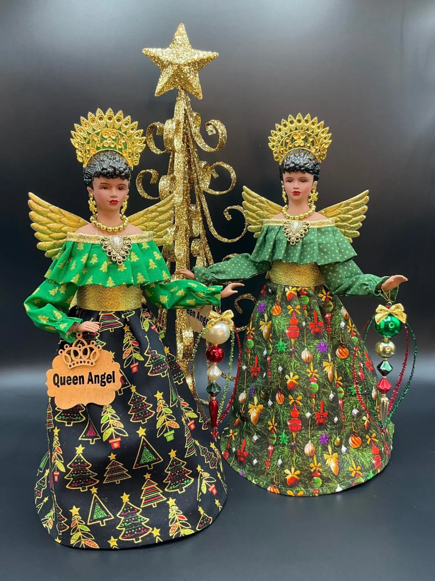 Handcrafted African American Queen Angel Tree Topper Holding Ornaments - For a Festive, Unique Holiday Decoration