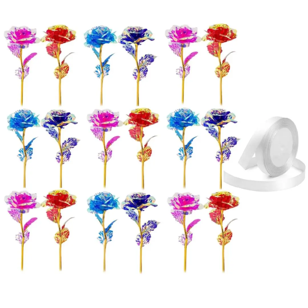 Pack of 20 Small Artificial Colorful Rose Flowers & 1 Roll 22m Ribbon Kit, Galaxy Rose Crystal Flower Gifts for Wedding, Mother' s Day Memorable Days Birthday Valentine's Day
