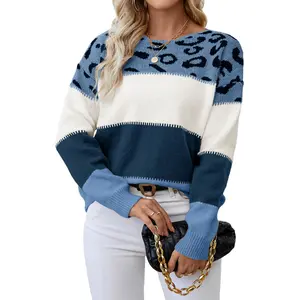 Libsorge Women's Oversized Cute Color Block Leopard Sweaters Fall 2024 Causal Cozy Ribbed Knit Crewneck Pullover Sweater