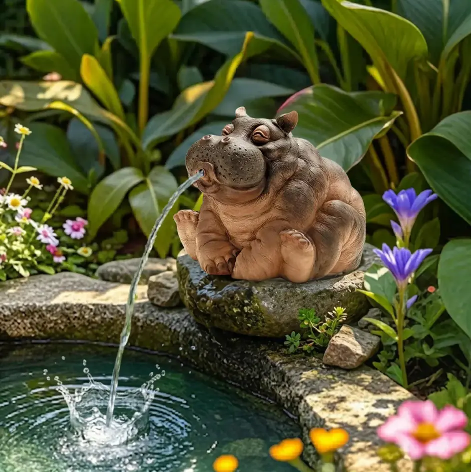 Resin Spouting Hippo Pond Fountain Statue, Weatherproof Animal Garden Decor, Cute Spitting Hippopotamus Water Feature for yd Streams Fish Ponds, Outdoor Landscape Patio Ornament Gift