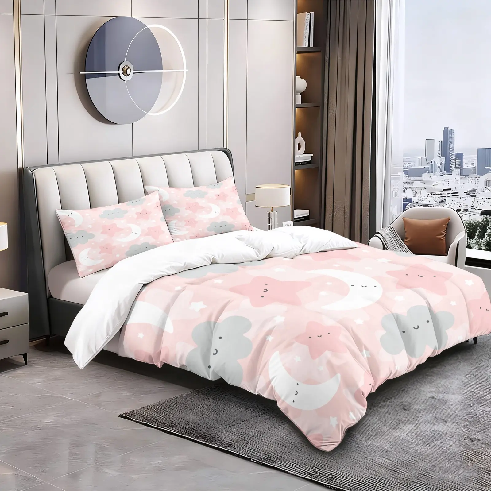 2/3pcs Cute Pink Cloud Moon & Star Duvet Cover Set, Kawaii Printed Comforter Cover, Kids Bedding Set No Filler for Girls Toddlers Bedroom Nursery Decor,Full Size, Decorative Bedding Set