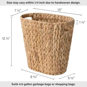 Wicker Waste Basket, Handwoven Water Hyacinth Trash Can with Built-in Handles, Wicker Garbage Can for Bedroom, Bathroom, 1 Pack