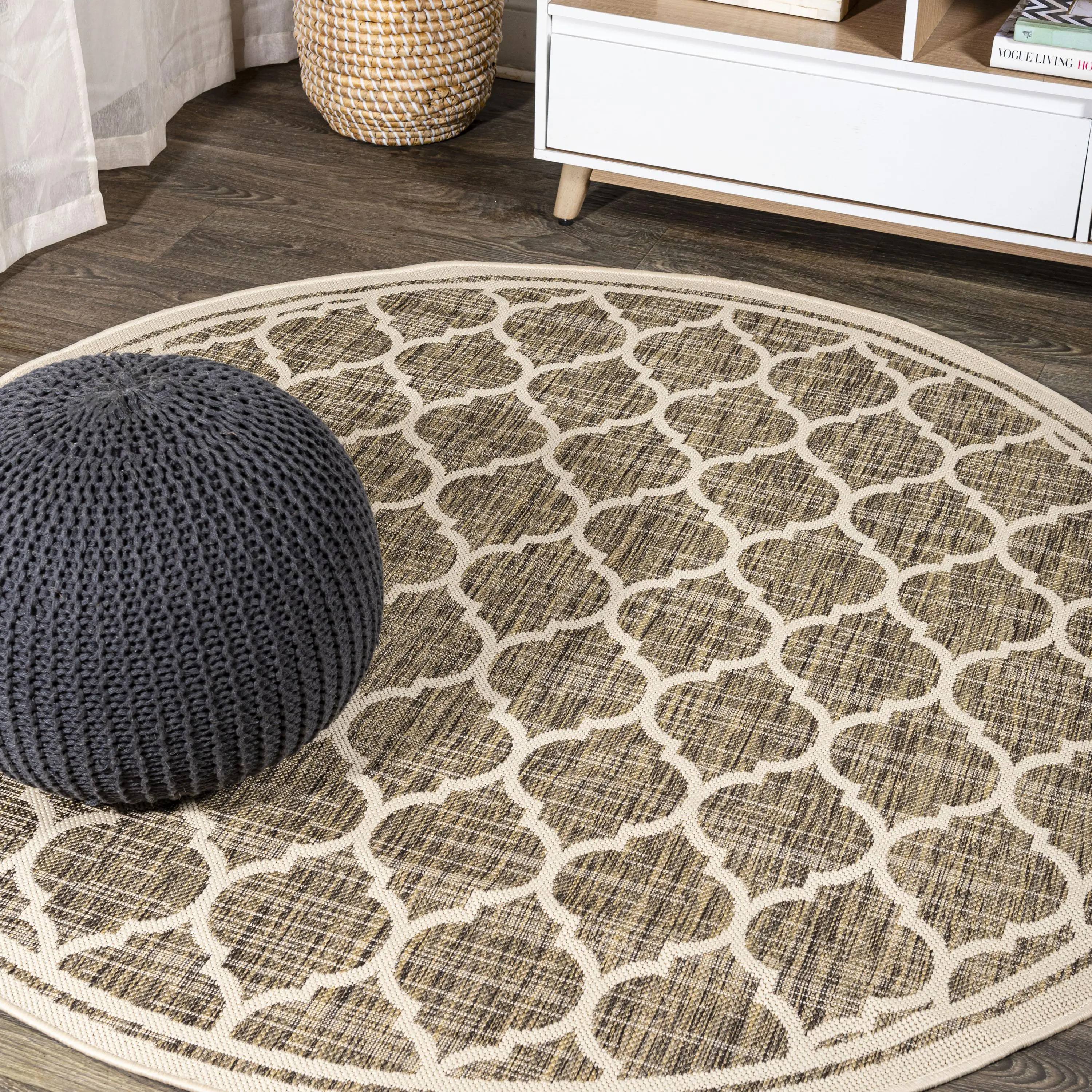 JONATHAN Y 100% Polypropylene Trebol Moroccan Trellis Textured Weave Indoor/Outdoor Round Home Decor Rug - Elegant, Geometric Kitchen, Household Decorative Rug for Living Room, Patio, Elegant Rug