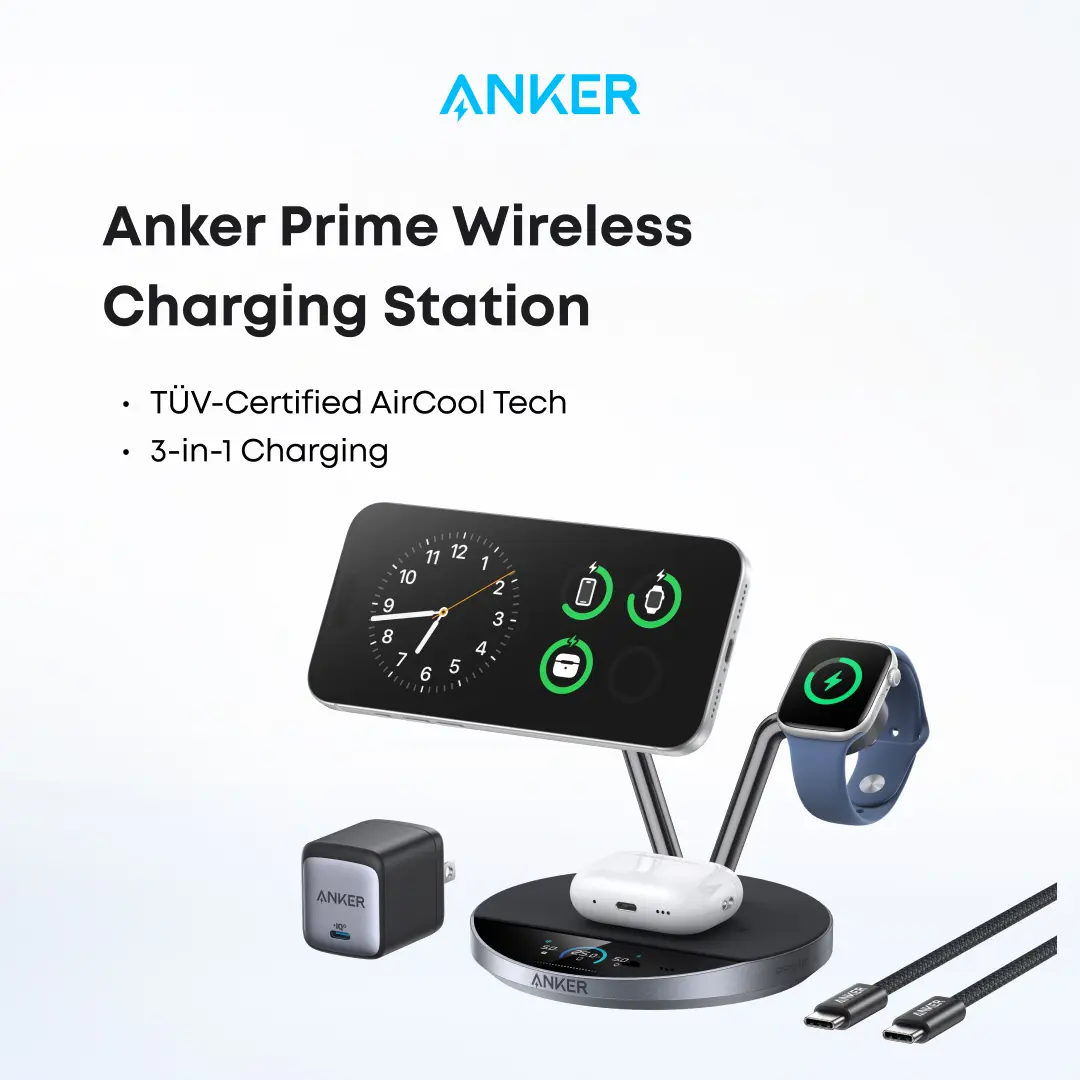 Anker Prime MagSafe Charger Compatible, 3-in-1 Charging Station, Qi2 25W Certified Wireless Charger Dock Stand, Smart Display with TEC Active Cooling, for iPhone 17, Apple Watch, AirPods, and More
