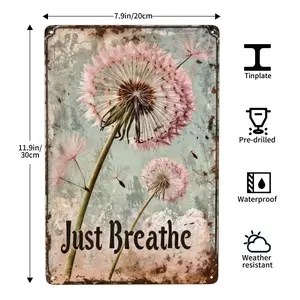 Room Decor Dandelion 'Just Breathe' Inspirational Quote Vintage Metal Sign, Wall Hanging Decor for Home, Gym, Bar, Cafe, Garage, Restaurant, Indoor Outdoor,8X12Inch