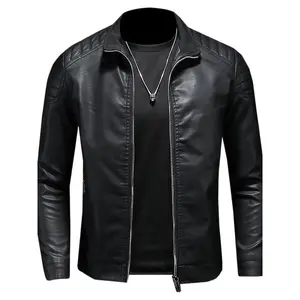 Stand up collar men's PU leather jacket, fashionable, slim fit, fashionable, autumn and winter motorcycle set, large size, leisurely and cool.
