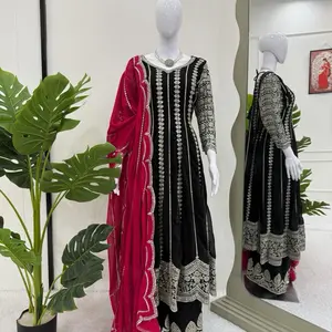 Beautiful Long Black Anarkali Set with Red Shawl - Elegant Embroidered Design for Special Occasions