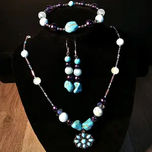 Gabriela Haller HigherKii Artique Violet Turquoise Flower Jewelry Set with Flower Pendant and Beaded Necklace Set