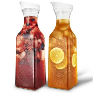 Plastic Juice Carafe with Lids (Set of 2) 50 oz Carafes for Mimosa Bar, Drink Pitcher with Lid, Water Bottle, Milk Container, Clear Beverage Containers for Fridge, Pantry Storage, Square Pitchers