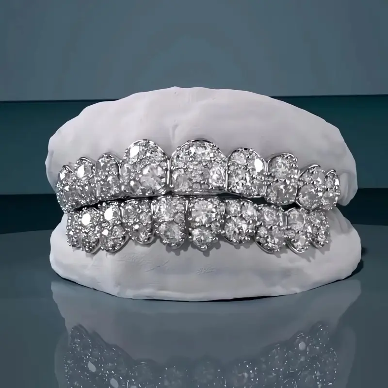 925 Sterling Silver Jumbo Mosiac Set Custom Moissanite With Perm Cut Grillz