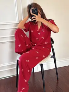 Comfortable Striped Bowknot Design Sleepwear Loungewear Set, Loose-Fitting Lapel Collar Two-Piece Pajamas, Wearable Home Clothing