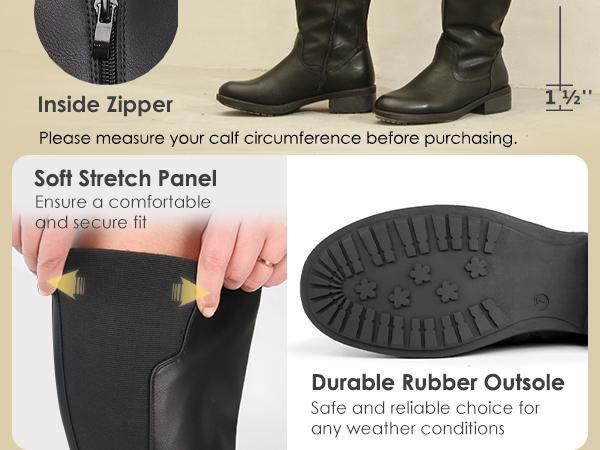 Women's Extra Wide Calf Knee High Boots with Side Zipper and Stretch Panel