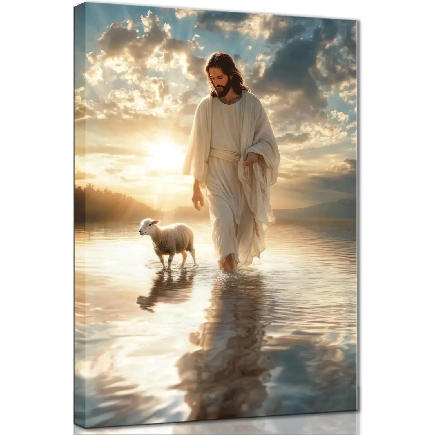 Christian Jesus Walking on Water Saving the Lost Lamb Framed Canvas Wall Art - Religious Faithful Scene Statement Art, Elegant Faith Decor for Church, Living Room, Bedroom