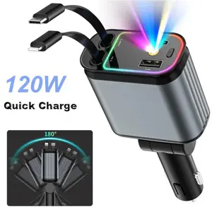4 in 1 Car  with Retractable Cable Atmosphere Lamp Star Top Light 120W Adapter Car Phone  USB Type-C Ports 12-24V Multi-Phone Charger