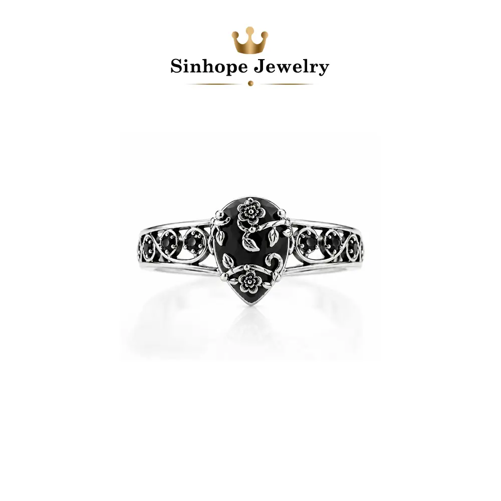 Vintage Gothic Teardrop Black Onyx Ring, Antique Silver Floral Vine Hollow Filigree Band, Band Width 4mm, Weight 6.8g, Nickel-Free Hypoallergenic, Witchy Dark Academia Accessory, Halloween & Birthday Statement Jewelry Gift for Women